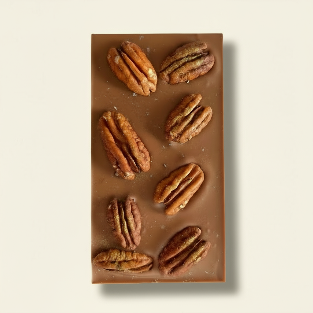 Milk Chocolate bar with pecans on a white background